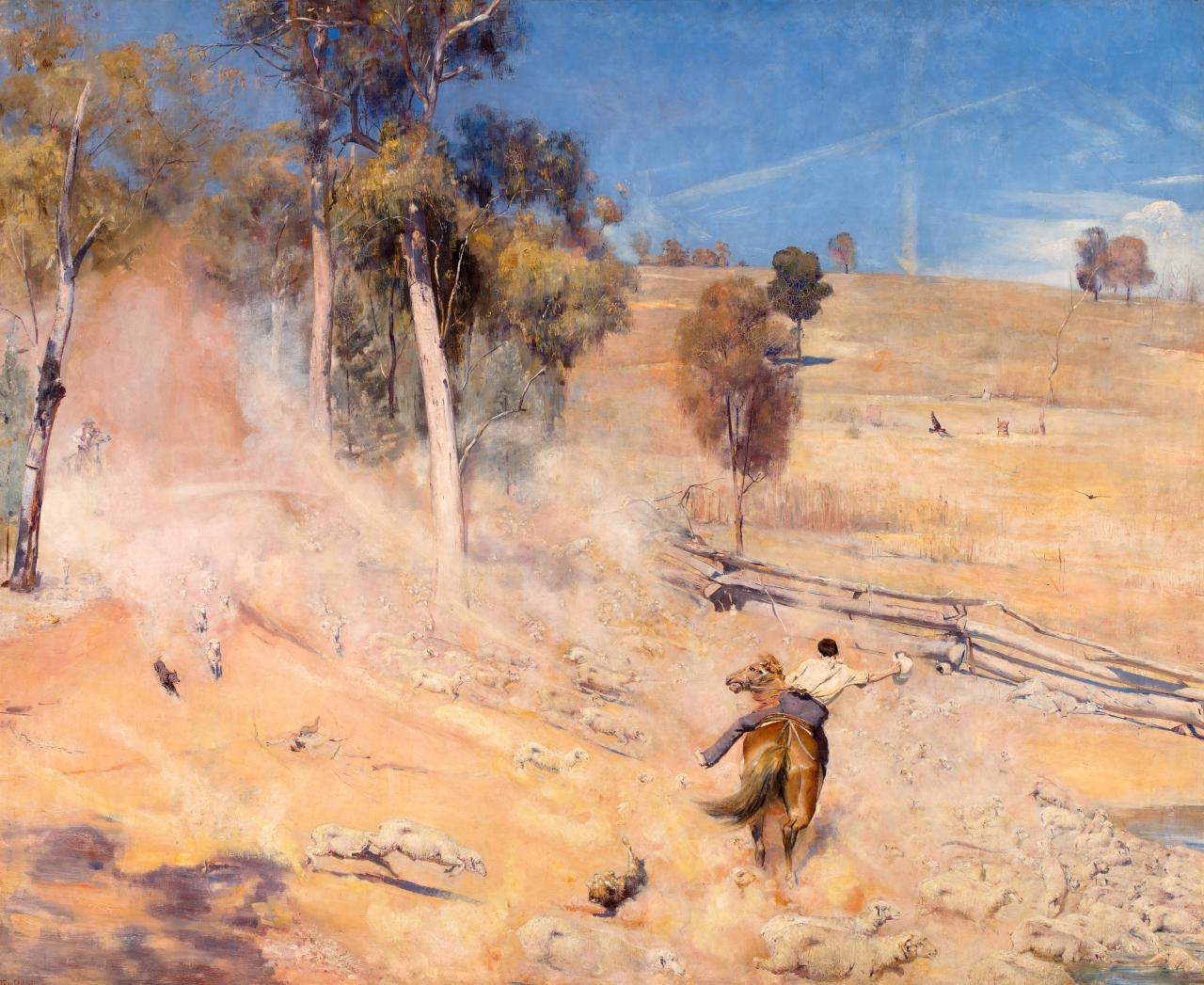 Tom Roberts<br/>
<em>A break away!</em> 1891 <br/>
oil on canvas  <br/>
137.3 × 167.8 cm <br/>
Art Gallery of South Australia, Adelaide  <br/>
Elder Bequest Fund 1899<br/>
Photo: AGSA<br/>
Art Gallery of South Australia