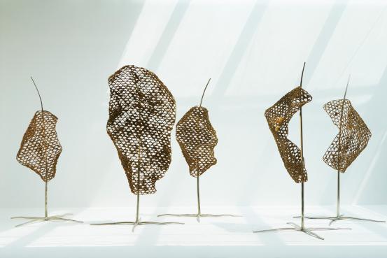 Talin Hazbar <br/>
<em>Accretions 1-5</em> 2020<br/>
stainless steel, calcified organic matter, brass, lighting componentry<br/>
230.0 x 90.0 x 136.0 cm<br/>
Commissioned by the National Gallery of Victoria, Melbourne<br/>
Proposed acquisition with funds donated by Gordon Moffatt AM, 2020<br/>
&copy; Talin Hazbar, Photo: Alex Callueng