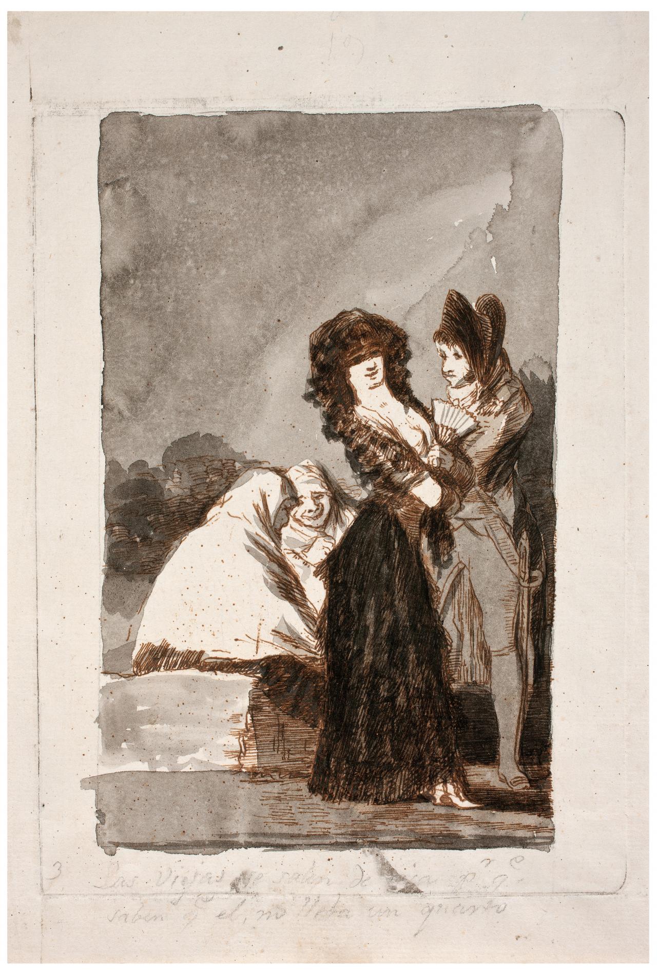 Francisco GOYA y Lucientes<br/>
<em>Dream 19: The old women laugh themselves sick because they know he hasn’t a bean (Sueño 19: Las viejas se salen de risa porque saben que el no lleva un quarto)</em> 1797<br/>
preparatory drawing for <em>Los Caprichos</em>, plate 5<br/>
pen and iron gall ink with wash of carbon ink over traces of black chalk<br/>
24.6 x 18.6 cm (sheet)<br/>
Matilla and Mena 239; Gassier and Wilson 460; Gassier II 54; Sánchez Cantón 27<br/>
Museo Nacional del Prado, Madrid (D04199)<br/>
Photo © Photographic Archive. Museo Nacional del Prado, Madrid<br/>