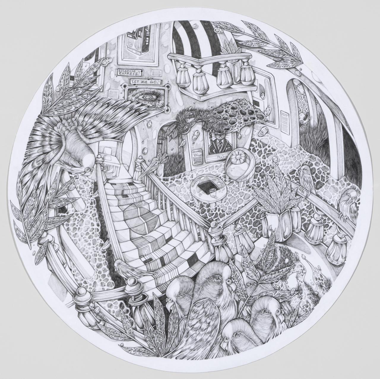 Irene Le<br/>
<em>Mindset of an escapist</em> 2020<br/>
graphite pencil on paper<br/>
51.8 x 51.8 cm diameter		<br/>
Sacred Heart Girls' College, Oakleigh<br/>
© Irene Le<br/>