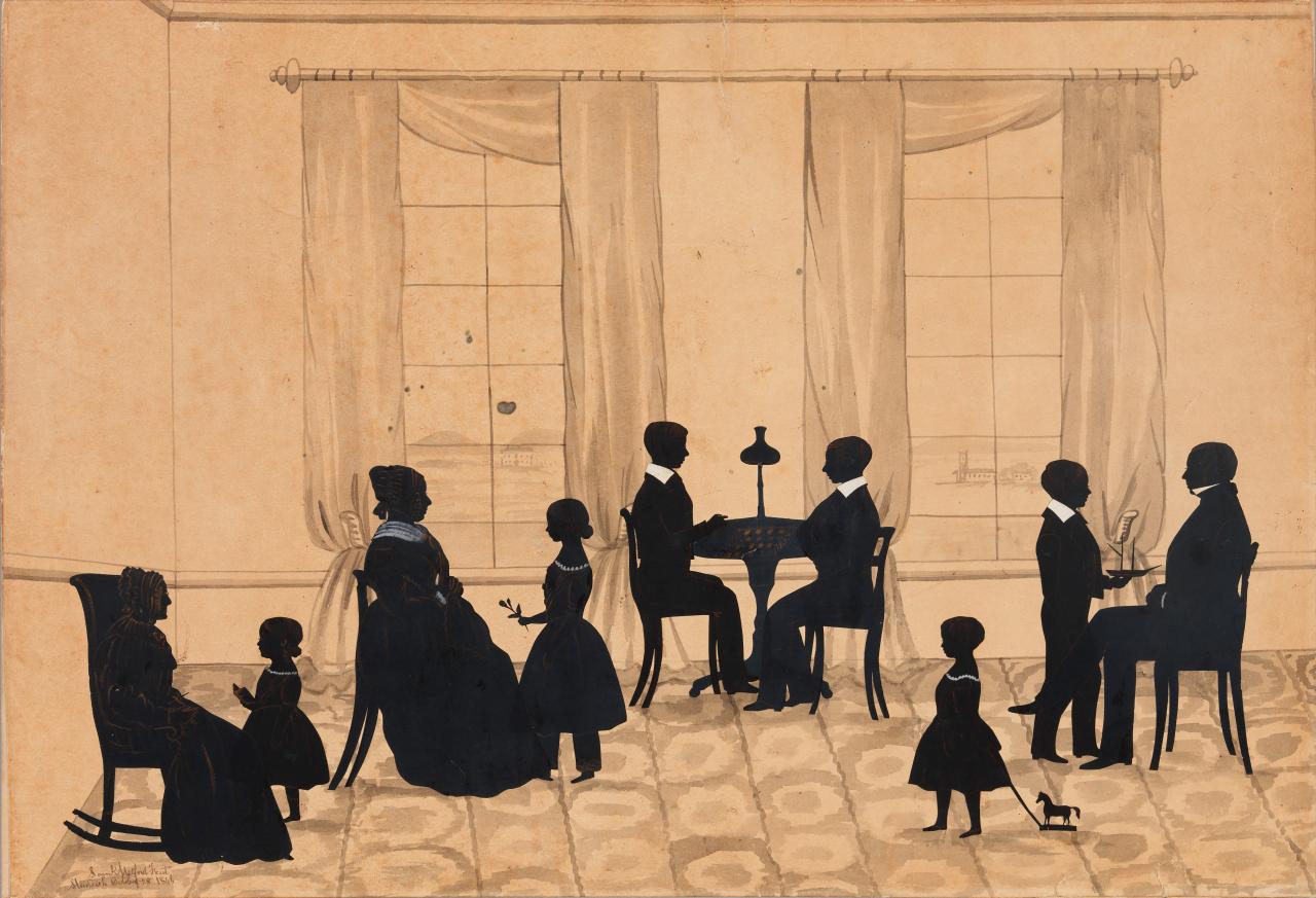 Samuel METFORD<br/>
England 1810–90, lived in United States<br/>
1834–44<br/>
<em>MacKenzie family silhouette</em> 1846<br/>
brush and ink, pen and ink, stencil<br/>
cutout with watercolour highlights<br/>
on paper<br/>
43.2 x 64.0. cm<br/>
National Portrait Gallery, Canberra<br/>
Gift of the Estate of Nancy Wiseman<br/>
2007 (2007.36)<br/>
National Portrait Gallery