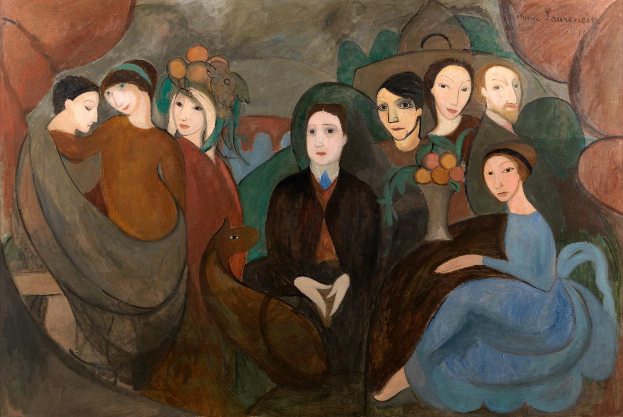 Marie Laurencin <br/>
French 1883–1956 <br/>
<em>Apollinaire and his friends (2nd version)</em> (<em>Apollinaire et ses amis [2ème version]</em>)1909 <br/>
oil on canvas <br/>
130.0 × 194.0 cm <br/>
Centre Pompidou, Paris, Musée national d’art moderne-Centre de création industrielle <br/>
Donated in lieu of tax, 1973 (AM 1973-3)<br/>
© Fondation Foujita/ADAGP. Copyright Agency, 2022<br/>
Photo © Centre Pompidou, MNAM-CCI/Audrey Laurans/Dist. RMN-GP