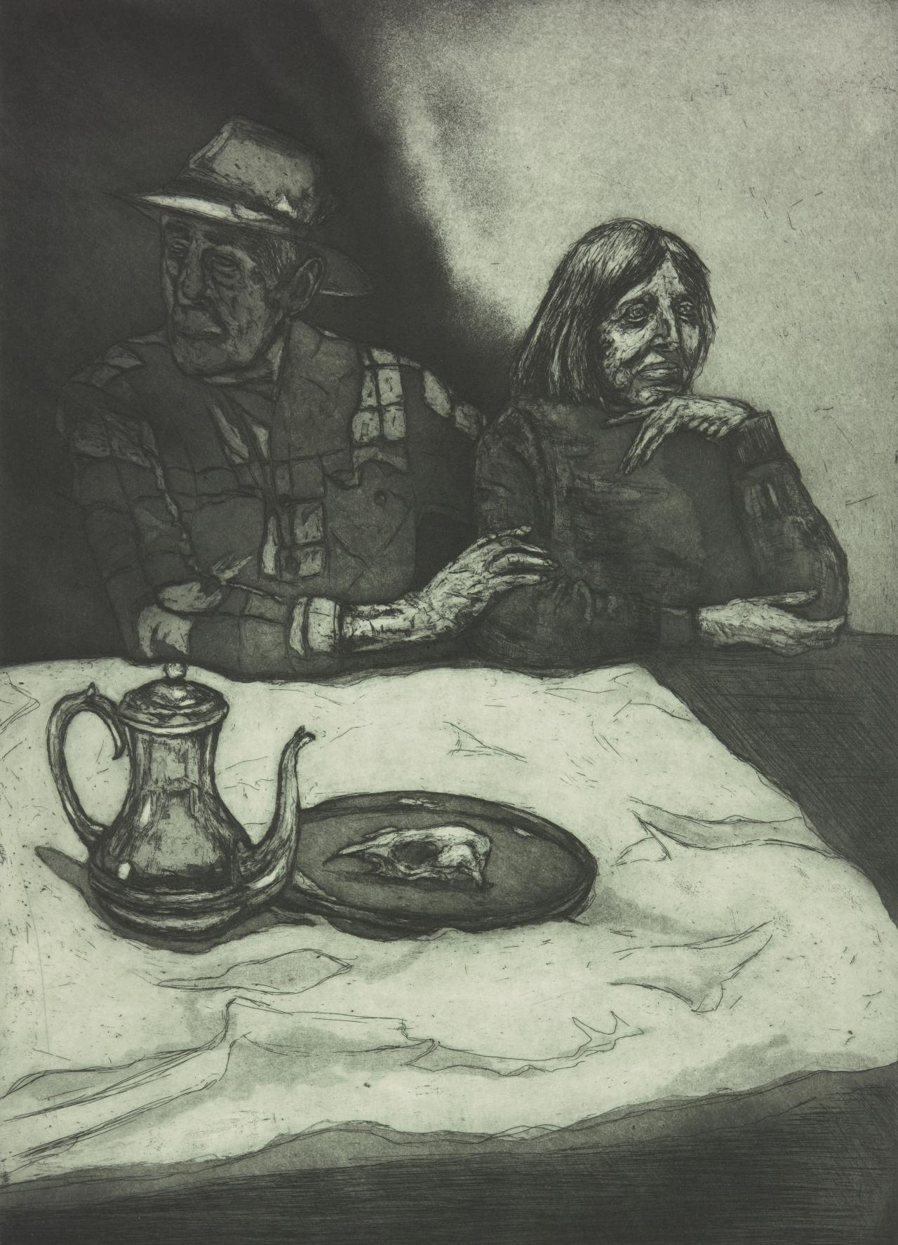 Rufus Punton <br/>
<em>Eventide – homage to Picasso</em> 2022 <br/>
etching, spit biting and aquatint <br/>
54.6 x 39.8 cm (plate), 69.6 x 54.0 cm (sheet) <br/>
Portland Secondary College, Portland        <br/>
© Rufus Punton<br/>