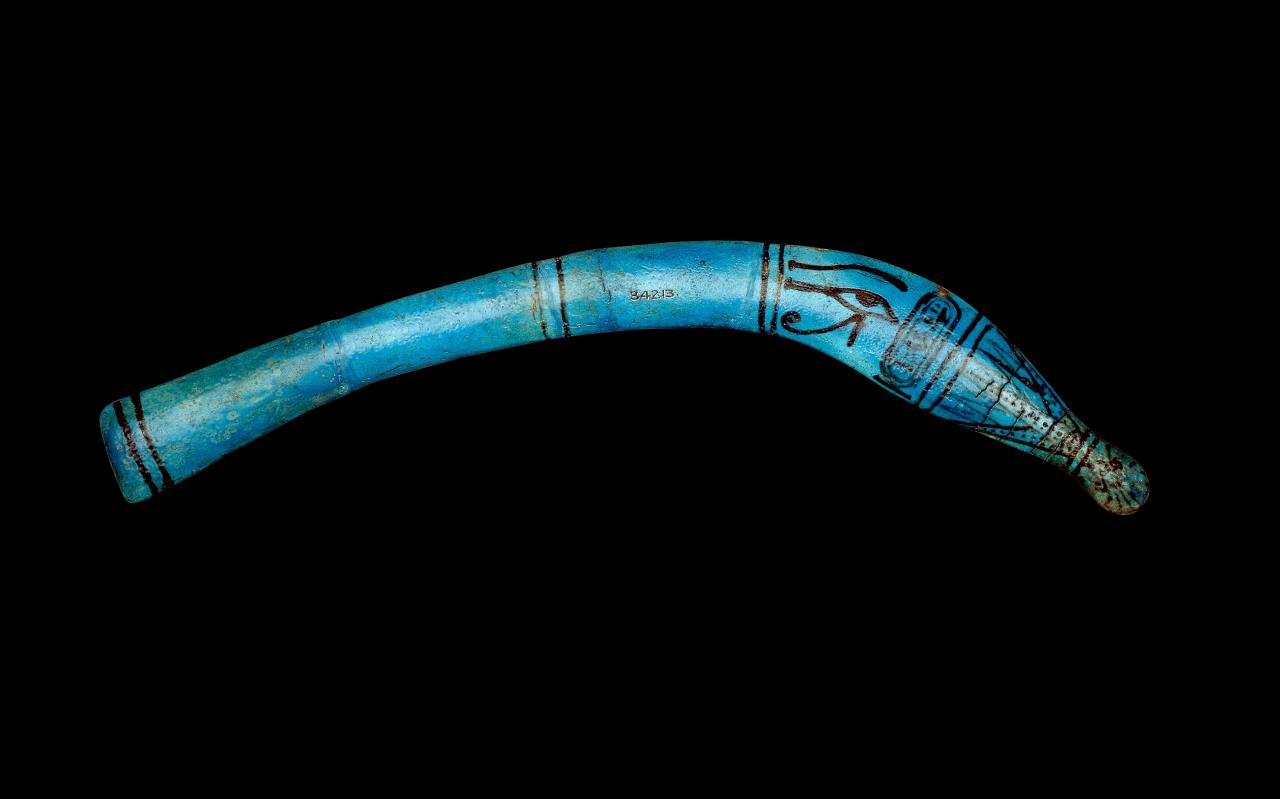 Throwstick of Pharaoh Akhenaten  <br/>
Egypt, Amarna, Royal Tomb  <br/>
18th Dynasty, reign of Amenhotep IV/Akhenaten, about 1352–1336 BCE  <br/>
faience <br/>
H 9 cm, W 39 cm, D 2 cm​ <br/>
British Museum, London <br/>
EA34213<br/>
© The Trustees of the British Museum