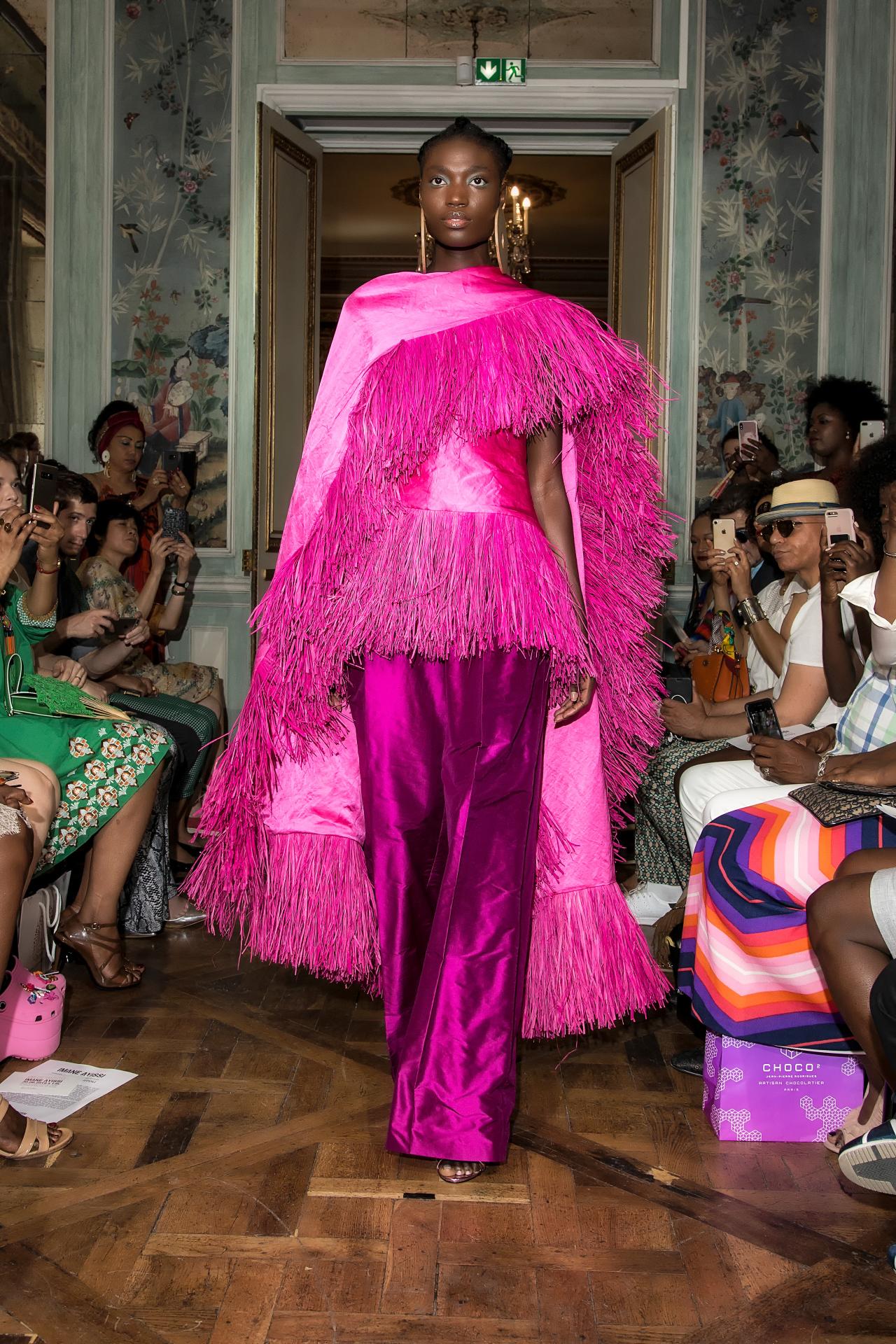 Imane Ayissi, France (couture house) <br/>
Imane Ayissi (designer)<br/>
<em>Look 16, trousers and cape</em>, from the <em>Mbeuk Idourrou</em> collection, autumn–winter 2019, Paris, France<br/>
Courtesy Victoria and Albert Musuem, London<br/>
Photo © Fabrice Malard, courtesy of Imane Ayissi