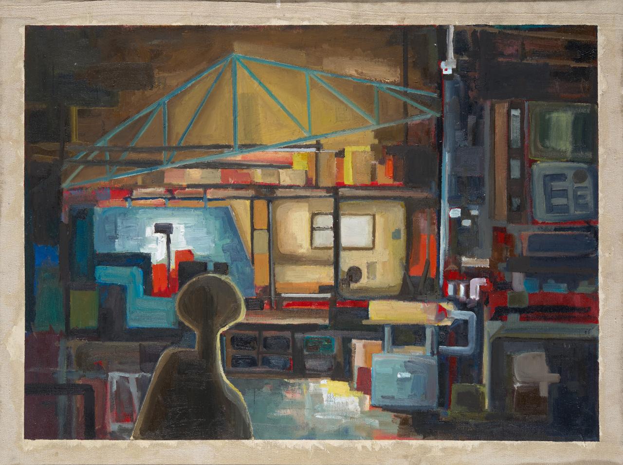 Wilby Fredericks <br/>
<em>Workshop 5</em> 2025 <br/>
oil on recycled promotional board and drop sheet, recycled timber frame <br/>
930.0 x 123.0 x 4.0 cm (framed) <br/>
Woodmans Hill Secondary College, Ballarat East <br/>
Wadawurrung Country<br/>
&copy; Wilby Fredericks