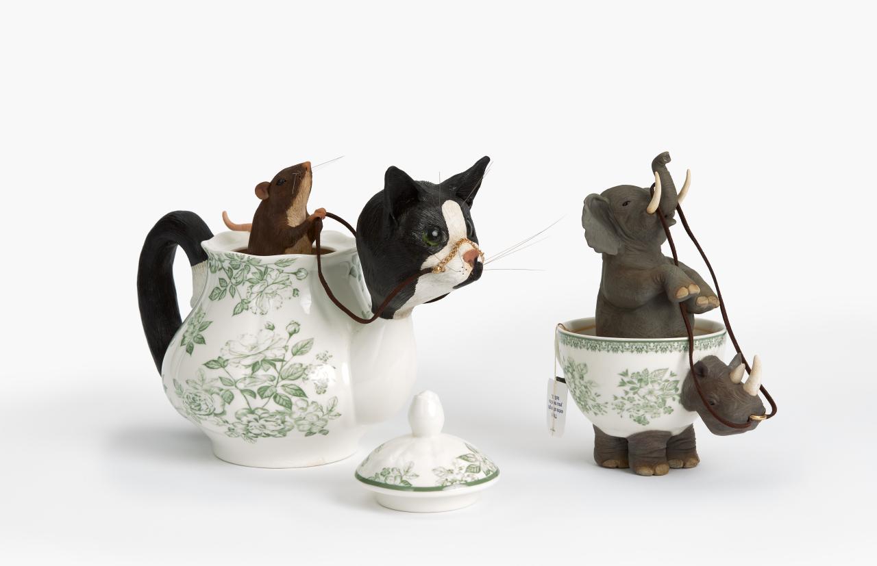 Amaia Mercer<br/>
<em>Tea party</em> 2025<br/>
ceramic teacup, ceramic teapot, polymer clay, synthetic polymer paint, plastic, nylon, faux suede, bracelet, earring <br/>
(1) 22.0 x 13.5 x 17.0 cm (teapot with cat and mouse)<br/>
(2) 12.0 x 9.6 x 6.0 cm (teacup with elephant and rhinoceros)<br/>
Balwyn High School, Balwyn North<br/>
Wurundjeri Country<br/>
&copy; Amaia Mercer