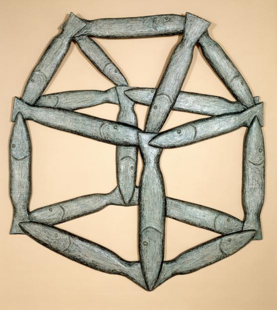 Paul BOSTON<br/>
<em>Fish house</em> (1983) <!-- (recto) --><br />

crayon, encaustic, papier m&acirc;ch&eacute; and polystyrene<br />
(a-b) 258.4 x 238.0 cm (overall)<br />
National Gallery of Victoria, Melbourne<br />
Michell Endowment, 1983<br />
DC5.a-b-1983<br />
&copy; Paul Boston
<!--4545-->