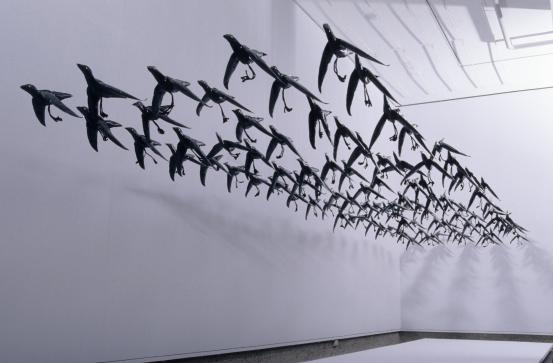 Maria KOZIC<br/>
<em>The birds</em> (1981) <!-- (full view) --><br />

plastic, wool, pipe cleaners, nylon thread, sequins, and wood<br />
(variable height) x 371.0 x 384.5 cm (installed)<br />
National Gallery of Victoria, Melbourne<br />
Michell Endowment, 1982<br />
DC33-1982<br />
&copy; Maria Kozic
<!--4702-->
