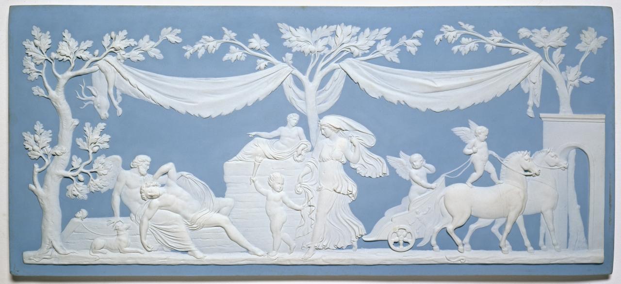 WEDGWOOD, Stoke-on-Trent, Staffordshire (manufacturer)<br/>
<em>Diana visiting Endymion, plaque</em> (c. 1875) <!-- (full view) --><br />

stoneware (blue jasper)<br />
53.8 x 95.0 x 5.3 cm (framed)<br />
National Gallery of Victoria, Melbourne<br />
Felton Bequest, 1915<br />
1777-D3<br />

<!--17168-->