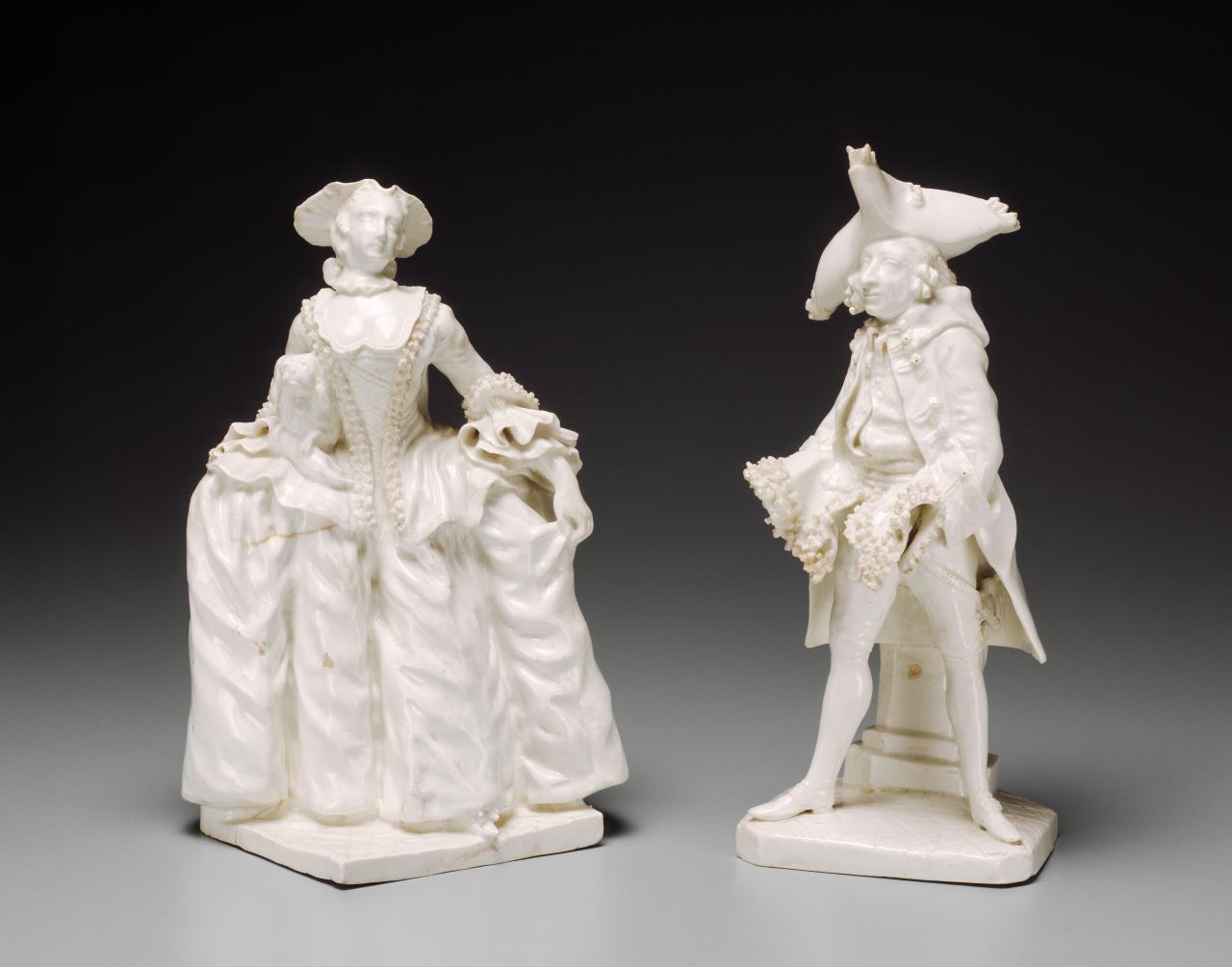 BOW PORCELAIN WORKS, London (manufacturer)<br/>
<em>Kitty Clive and Henry Woodward</em> (c. 1750) <!-- (group) --><br />

porcelain (soft-paste)<br />
(1) 25.6 x 16.3 x 11.8 cm (Kitty Clive) (2) 27.4 x 11.6 x 12.6 cm (Henry Woodward)<br />
National Gallery of Victoria, Melbourne<br />
Felton Bequest, 1938<br />
3804A.1-2-D3<br />

<!--74202-->