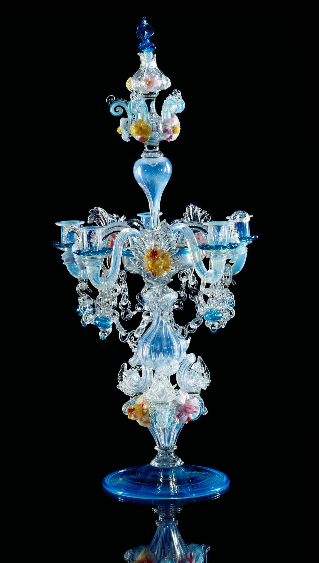 THE VENICE AND MURANO GLASS AND MOSAIC COMPANY (SALVIATI & CO.), Venice (manufacturer)<br/>
<em>Candelabrum</em> (c. 1880) <!-- (full view) --><br />

glass, brass, wire<br />
(a-w) 62.0 x 27.5 x 29.0 cm (overall) (installed)<br />
National Gallery of Victoria, Melbourne<br />
Purchased, 1881<br />
283A.a-w-D1R<br />

<!--14965-->