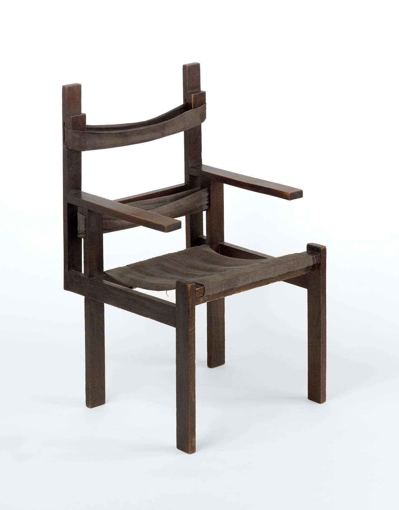 Marcel BREUER (designer)<br/>
<em>Armchair</em> (1924) <!-- (3/4 view    ) --><br />

oak, linen, jute, hessian, cotton, metal<br />
94.8 x 57.5 x 58.3 cm<br />
National Gallery of Victoria, Melbourne<br />
Purchased through The Art Foundation of Victoria with the assistance of The Shell Company of Australia Limited, Founder Benefactor, 1988<br />
D27-1988<br />

<!--21013-->