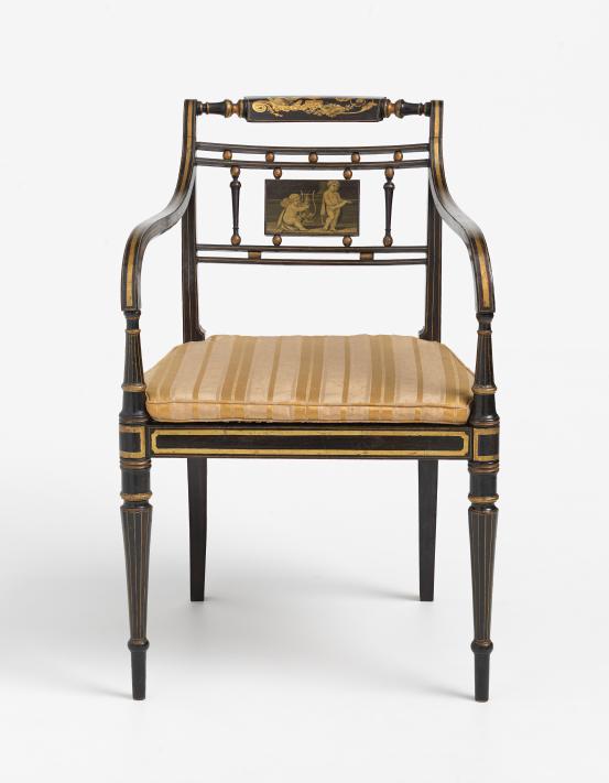 John GEE (attributed to) (manufacturer)<br/>
<em>Armchair</em> (c. 1800) <!-- (full view) --><br />

painted and gilt Beech (Fagus sp.), cane, (other materials)<br />
85.0 x 55.0 x 58.7 cm<br />
National Gallery of Victoria, Melbourne<br />
Purchased, 1953<br />
1312A-D4<br />

<!--20457--><br/><a class="col-link block" href="/explore/collection/work/20457"><strong>Collection page <i class="fa fa-angle-right"></i></strong></a>