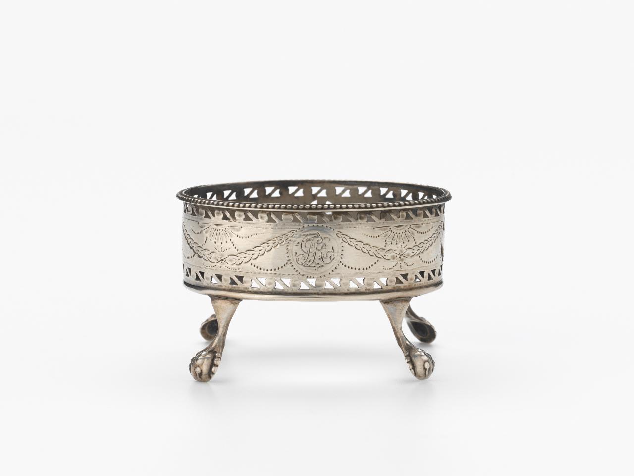 HESTER BATEMAN, London (manufacturer)<br/>
<em>Salt cellar</em> 1782-1783 <!-- (full view) --><br />

silver<br />
4.9 x 7.8 x 6.4 cm<br />
National Gallery of Victoria, Melbourne<br />
Gift of John H. Connell, 1914<br />
1474.1-D3<br />

<!--14922-->