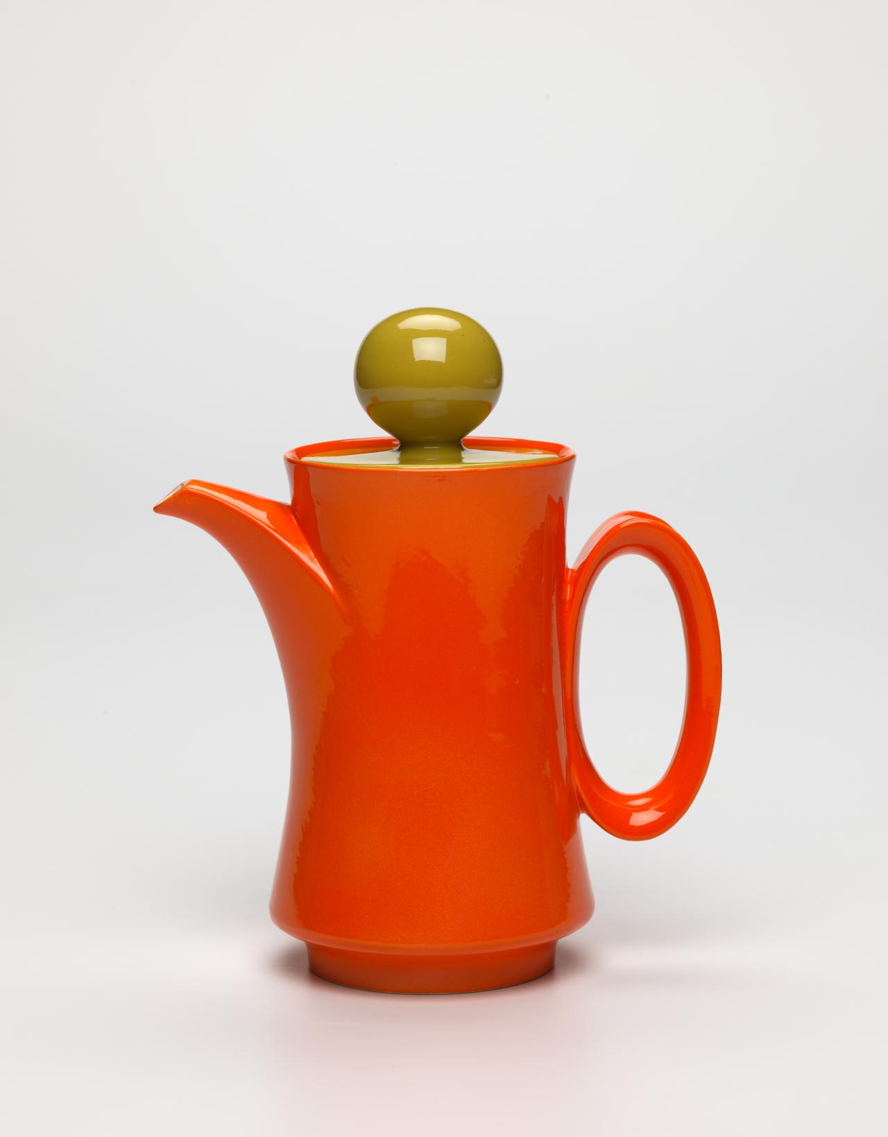 MANCER (manufacturer)<br/>
<em>Coffee service</em> (1970s) <!-- (full view) --><br />

earthenware<br />
(a-b) 25.6 x 21.8 x 12.7 cm (overall) (coffee pot) (c) 6.6 x 14.4 x 9.5 cm (milk jug) (d) 5.3 x 13.0 cm diameter (sugar bowl)<br />
National Gallery of Victoria, Melbourne<br />
Gift of John Hinds, 2017<br />
2017.1103.a-d<br />

<!--120805-->