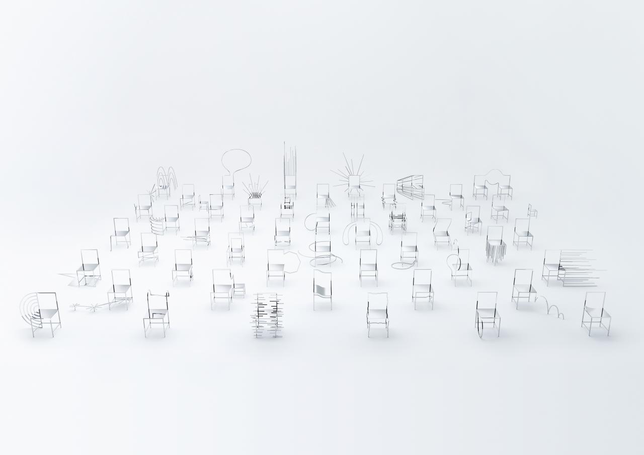 Oki SATO (designer)<br />
 NENDO, Tokyo (design studio)<br/>
<em>Manga chairs #1– #50</em> (2015) <!-- (full view) --><br />

stainless steel<br />
(a) 81.5 x 41.2 x 64.0 cm (b) 81.5 x 65.1 x 68.5 cm (c) 117.6 x 56.0 x 62.0 cm (d) 81.5 x 41.2 x 43.5 cm (e) 81.5 x 69.7 x 46.9 cm (f) 81.7 x 50.8 x 43.6 cm (g) 81.8 x 82.0 x 43.0 cm (h) 81.5 x 50.2 x 43.6 cm (i) 81.5 x 80.5 x 43.6 cm (j) 104.2 x 130.9 x 43.8 cm (k) 81.7 x 41.4 x 43.7 cm (l) 81.5 x 41.2 x 67.7 cm (m) 81.5 x 86.3 x 43.6 cm (n) 81.8 x 61.4 x 62.9 cm (o) 81.4 x 41.3 x 43.6 cm (p-q) 81.5 x 77.0 x 135.4 cm (overall) (r) 120.5 x 90.5 x 43.5 cm (s) 81.5 x 41.2 x 43.6 cm (t) 81.5 x 41.2 x 43.2 cm (u) 81.5 x 82.7 x 129.0 cm (v) 100.6 x 41.3 x 43.7 cm (w) 81.2 x 43.5 x 46.5 cm (x) 81.5 x 77.3 x 43.5 cm (y) 81.2 x 41.3 x 56.7 cm (z) 99.6 x 41.2 x 181.2 cm (aa) 81.5 x 69.5 x 62.2 cm (bb) 81.7 x 41.2 x 63.8 cm (cc) 81.3 x 82.0 x 43.6 cm (dd) 120.7 x 60.7 x 62.5 cm (ee) 81.5 x 41.2 x 49.6 cm (ff) 132.4 x 178.8 x 190.6 cm (gg) 81.5 x 41.2 x 60.5 cm (hh) 81.5 x 41.2 x 43.5 cm (ii) 81.5 x 44.5 x 55.7 cm (jj) 81.5 x 41.2 x 43.6 cm (kk) 81.5 x 129.2 x 69.6 cm (ll-mm) 81.7 x 127.1 x 83.3 cm (overall) (nn) 81.5 x 95.5 x 89.1 cm (oo) 204.5 x 41.2 x 43.7 cm (pp) 81.5 x 43.0 x 43.0 cm (qq) 81.6 x 41.2 x 43.5 cm (rr) 115.8 x 60.6 x 54.9 cm (ss) 81.6 x 116.5 x 81.5 cm (tt) 177.0 x 107.2 x 43.6 cm (uu) 91.0 x 65.3 x 66.7 cm (vv) 81.5 x 47.1 x 49.5 cm (ww) 81.6 x 144.0 x 43.8 cm (xx) 81.5 x 41.3 x 43.7 cm (yy) 81.5 x 115.9 x 43.6 cm (zz) 88.4 x 49.5 x 46.8 cm<br />
National Gallery of Victoria, Melbourne<br />
Purchased with funds donated by Bruce Parncutt AO and Robin Campbell, Michael and Emily Tong, 2018<br />
2017.1249.a-zz<br />
© nendo
<!--135180-->