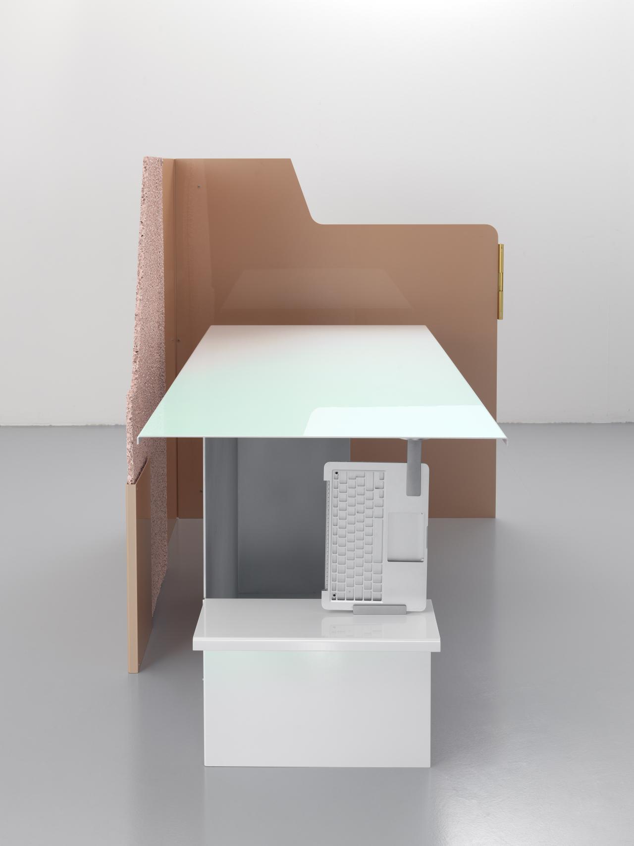 STUDIO FORMAFANTASMA, Amsterdam and Milan (design studio)<br />
 Andrea TRIMARCHI (designer)<br />
 Simone FARRESIN (designer)<br/>
<em>Ore streams – Desk</em> (2016-2017) <!-- (front) --><br />

iridescent paint on aluminium and stainless steel, anodised aluminium, steel<br />
(a-b) 78.0 x 168.5 x 75.5 cm (overall)<br />
National Gallery of Victoria, Melbourne<br />
Purchased NGV Foundation with the assistance of Nicholas Allen and Helen Nicolay, 2018<br />
2018.184.a-b<br />
© Courtesy Studio Formafantasma
<!--132378-->