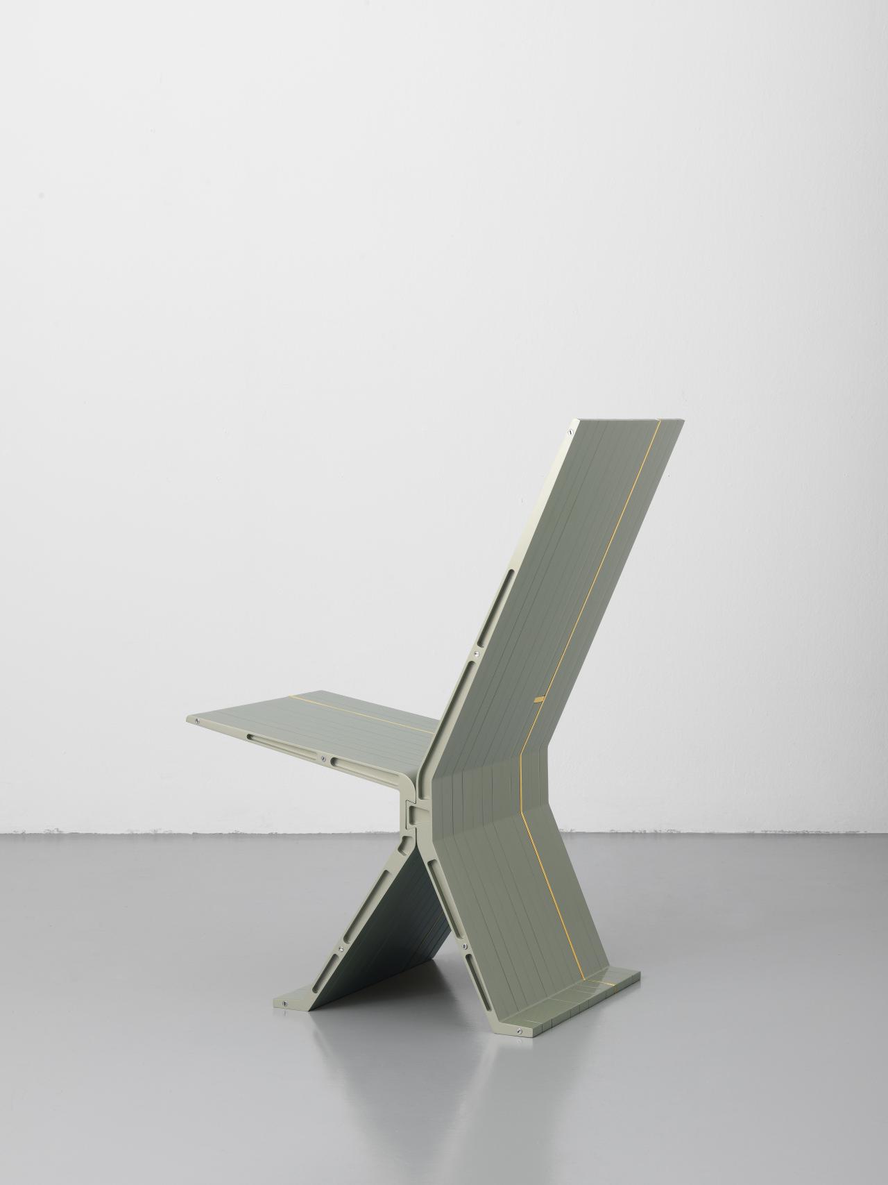 STUDIO FORMAFANTASMA, Amsterdam and Milan (design studio)<br />
 Andrea TRIMARCHI (designer)<br />
 Simone FARRESIN (designer)<br/>
<em>Ore streams – Low chair</em> (2016-2017) <!-- (front) --><br />

metallic paint on aluminium, gold-plated aluminium, mobile phone parts<br />
82.7 x 37.7 x 61.5 cm<br />
National Gallery of Victoria, Melbourne<br />
Purchased NGV Foundation with the assistance of Nicholas Allen and Helen Nicolay, 2018<br />
2018.182<br />
© Courtesy Studio Formafantasma
<!--132377-->