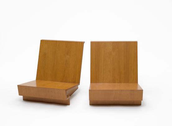 Frank Lloyd WRIGHT (designer)<br/>
<em>Usonian, pair of chairs</em> (c. 1939) <!-- (1) --><br />

Cypress, composition board, metal<br />
(a) 70.2 x 64.8 x 79.8 cm (chair) (b) 70.1 x 64.9 x 79.8 cm (chair)<br />
National Gallery of Victoria, Melbourne<br />
Gift of Krystyna Campbell-Pretty AM and Family through the Australian Government's Cultural Gifts Program, 2021<br />
2021.658.a-b<br />
&copy; Frank Lloyd Wright Estate/ARS, New York. Licensed by Copyright Agency, Australia
<!--148218-->