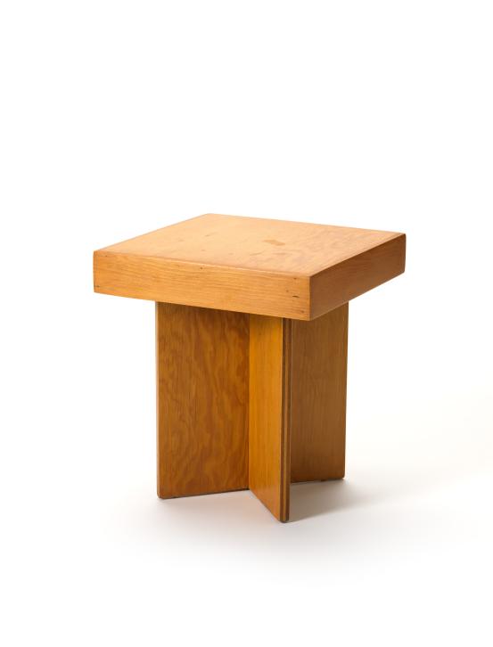 Frank Lloyd WRIGHT (designer)<br/>
<em>Usonian, side table from the Thomas E. Keys House</em> (1951) <!-- (full view) --><br />

Pine (Pinus sp.), plywood<br />
45.7 x 40.6 x 40.6 cm<br />
National Gallery of Victoria, Melbourne<br />
Gift of Krystyna Campbell-Pretty AM and Family through the Australian Government's Cultural Gifts Program, 2022<br />
2022.48<br />
&copy; Frank Lloyd Wright Estate/ARS, New York. Licensed by Copyright Agency, Australia
<!--148222-->