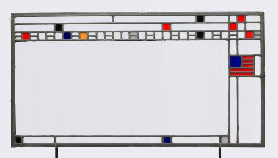 Frank Lloyd WRIGHT (designer)<br />
 LINDEN GLASS COMPANY, Chicago (manufacturer)<br/>
<em>Window, from the Avery Coonley Playhouse, Riverside, Illinois</em> (1912) <!-- (front view) --><br />

glass, stained glass, copper-plated zinc, (other materials)<br />
44.5 x 82.7 x 0.8 cm<br />
National Gallery of Victoria, Melbourne<br />
Gift of Krystyna Campbell-Pretty AM and Family through the Australian Government's Cultural Gifts Program, 2022<br />
2022.542<br />
&copy; Frank Lloyd Wright Estate/ARS, New York. Licensed by Copyright Agency, Australia
<!--148872-->