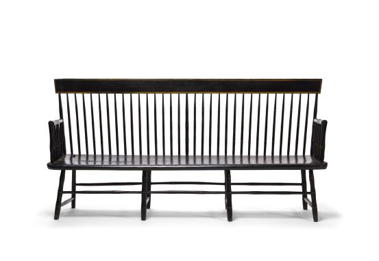 (UNITED STATES) (manufacturer)<br/>
<em>Windsor bench</em> (c. 1820) <!-- (front view) --><br />

painted Hickory (Carya sp.), Pine (Pinus sp.) and Maple (Acer sp.)<br />
100.1 x 201.1 x 57.1 cm<br />
National Gallery of Victoria, Melbourne<br />
Purchased, NGV Supporters of Decorative Arts, 2023<br />
2023.235<br />

<!--150694-->