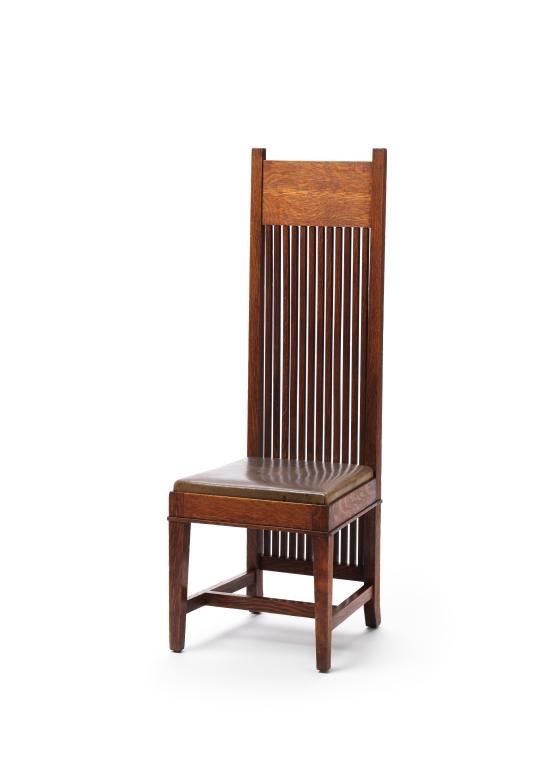 Frank Lloyd WRIGHT (designer)<br/>
<em>Dining chair from the Susan L. Dana House, Springfield, Illinois</em> (c. 1902) <!-- (view 2) --><br />

oak, leather, other materials<br />
130.0 x 45.0 x 47.0 cm<br />
National Gallery of Victoria, Melbourne<br />
Gift of Krystyna Campbell-Pretty AM and Family through the Australian Government's Cultural Gifts Program, 2023<br />
2023.319<br />
&copy; Frank Lloyd Wright Estate/ARS, New York. Licensed by Copyright Agency, Australia
<!--150865-->