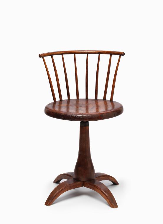 UNITED STATES, New York, New Lebanon (manufacturer)<br/>
<em>Turning chair</em> (c. 1870) <!-- (view 1) --><br />

Pine (Pinus sp.), Maple (Acer sp.), Ash (Fraxinus sp.), iron<br />
69.1 x 37.3 x 40.7 cm (variable)<br />
National Gallery of Victoria, Melbourne<br />
Purchased with funds donated by The Gidleigh Foundation, 2024<br />
2024.12<br />

<!--152900-->
