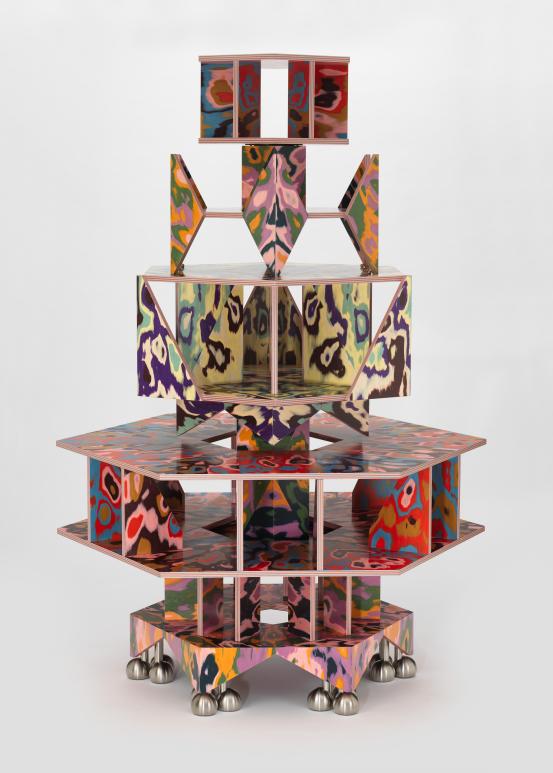 Bethan Laura WOOD (designer)<br />
 BETHAN LAURA WOOD STUDIO, London (studio)<br/>
<em>Kaleidoscope-o-rama, bookcase</em> (2023) <!-- (full view) --><br />

poplar veneer, composition board, stainless steel, metal, books<br />
214.8 x 129.9 x 150.0 cm (variable)<br />
National Gallery of Victoria, Melbourne<br />
Commissioned by the National Gallery of Victoria, Melbourne. Purchased with funds donated by Jo Horgan AM and MECCA Brands, 2024<br />
2024.153<br />
&copy; Bethan Laura Wood
<!--150817-->