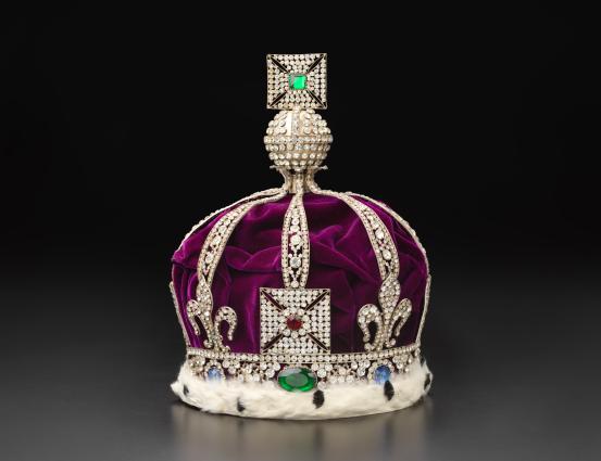 ENGLAND (manufacturer)<br/>
<em>Imperial Crown of India</em> (c. 1936) <!-- (view 1) --><br />

brass, copper, steel, velvet, synthetic fur, paste, metallic cord, (stuffing)<br />
28.0 x 20.0 cm diameter<br />
National Gallery of Victoria, Melbourne<br />
Gift of Mr Alex Isaacson, 1938<br />
3787B.c-D3<br />

<!--104254--><br/><a class="col-link block" href="/explore/collection/work/104254"><strong>Collection page <i class="fa fa-angle-right"></i></strong></a>