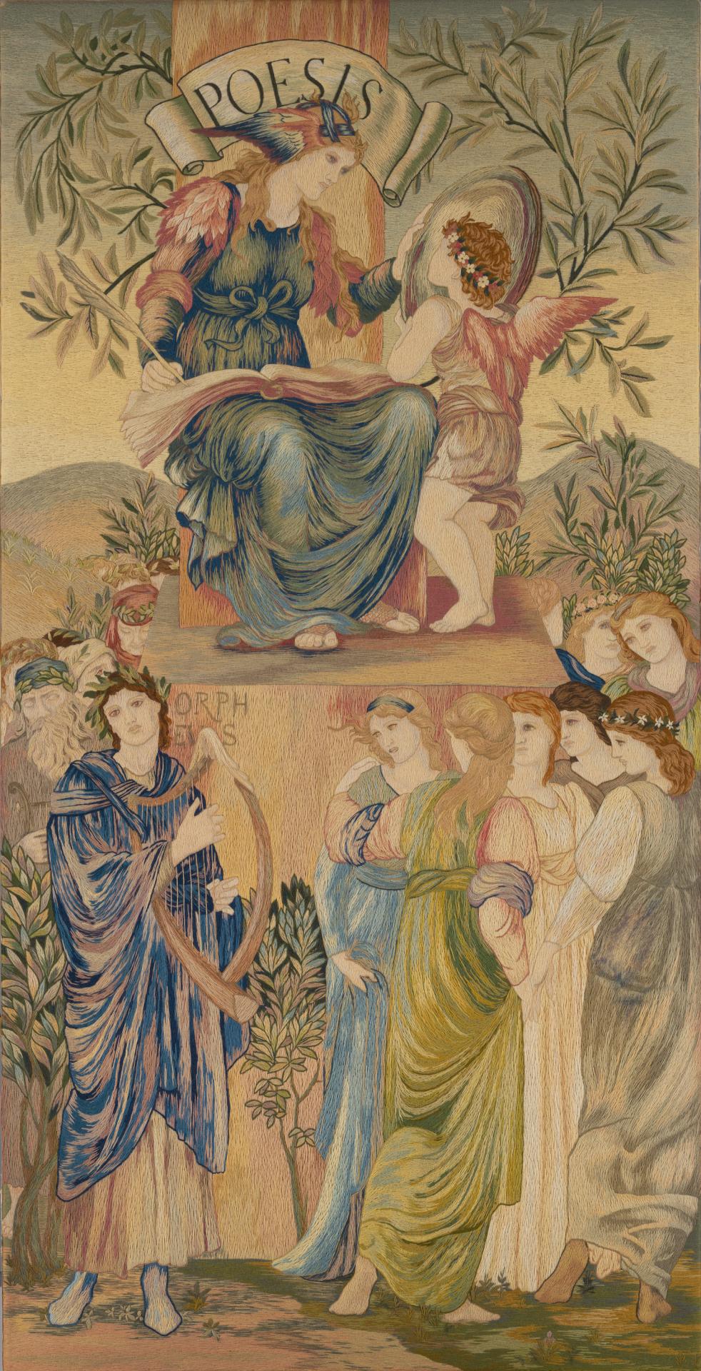 THE ROYAL SCHOOL OF ART NEEDLEWORK, London (manufacturer)<br />
 William MORRIS (designer)<br />
 Edward BURNE-JONES (designer)<br/>
<em>Poesis</em> (c. 1880) <!-- (recto) --><br />

wool, cotton<br />
204.0 x 103.7 cm<br />
National Gallery of Victoria, Melbourne<br />
Purchased through The Art Foundation of Victoria with the assistance of Miss Flora MacDonald Anderson and Mrs Ethel Elizabeth Ogilvy Lumsden, Founder Benefactors, 1992<br />
CT1-1992<br />

<!--51245-->