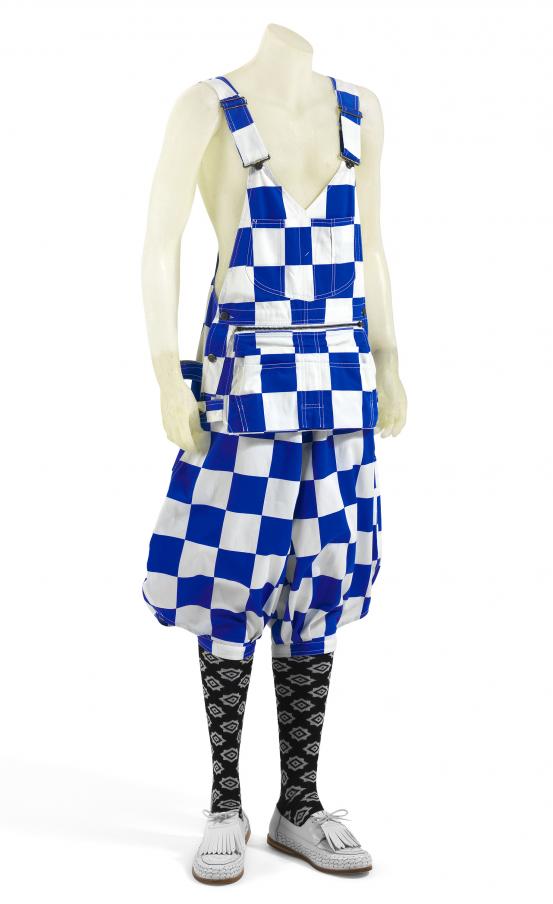 BERNHARD WILLHELM, Paris and Los Angeles (fashion house)<br />
 Bernhard WILLHELM (designer)<br/>
<em>Dungarees, socks and shoes</em> 2005 {spring-summer} <!-- (front 3/4 left) --><br />

cotton, metal, synthetic fabric, leather, rubber<br />
(a) 126.0 (front length) 43.5 cm (waist flat) (dungarees) (b-c) 72.8 x 11.0 cm (each) (socks) (d-e) 8.0 x 10.3 x 29.6 cm (each) (shoes)<br />
National Gallery of Victoria, Melbourne<br />
Purchased with the assistance of Lons and Ron Ramsey, 2005<br />
2005.253.a-e<br />

<!--77827--><br/><a class="col-link block" href="/explore/collection/work/77827"><strong>Collection page <i class="fa fa-angle-right"></i></strong></a>