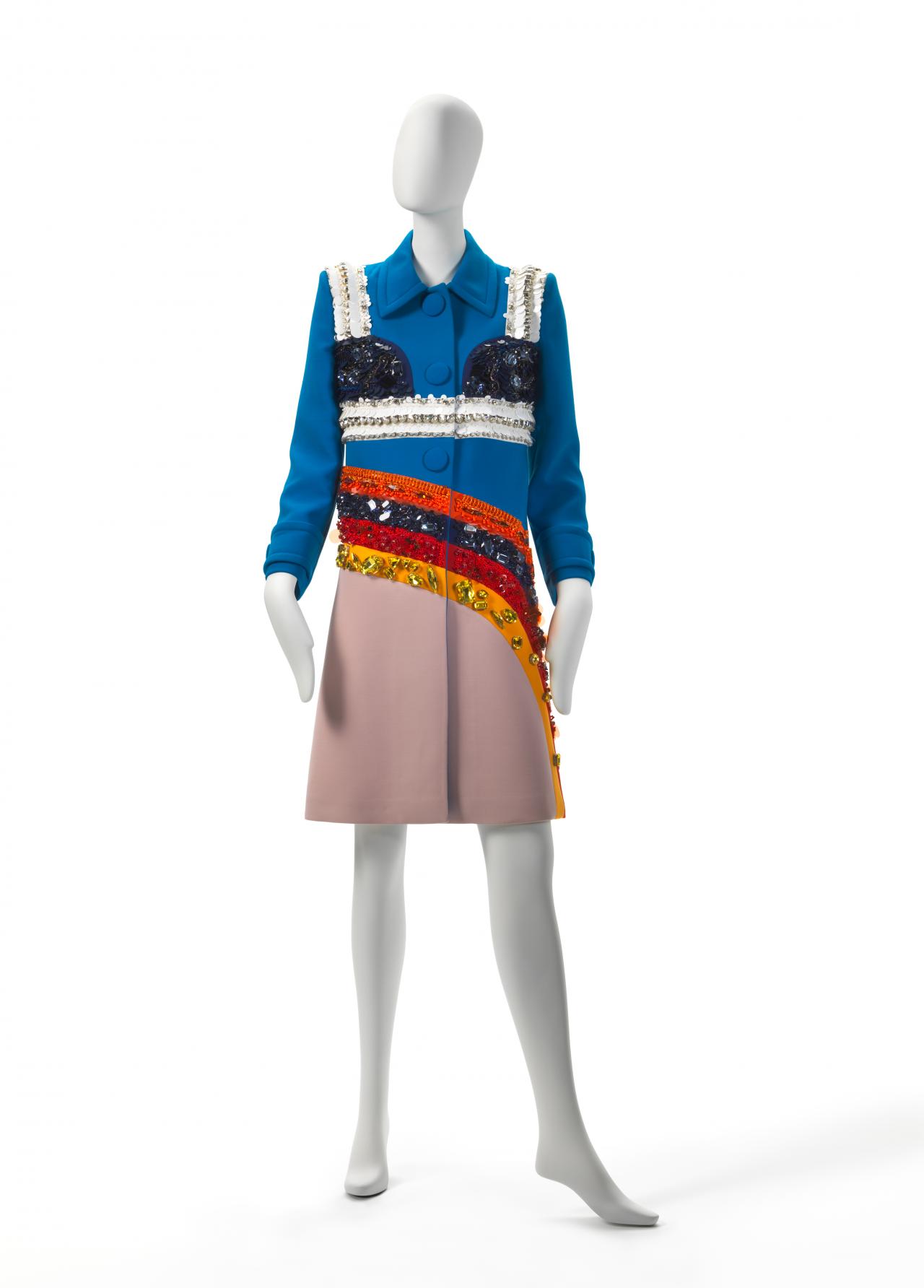 PRADA, Milan (fashion house)<br />
 Miuccia PRADA (designer)<br/>
<em>Coat</em> 2014 {spring-summer 2014} <!-- (front) --><br />

wool, viscose, polyester, glass (beads), sequins, metal (fastenings), silk (lining)<br />
101.5 cm (centre back) 56.5 cm (sleeve length)<br />
National Gallery of Victoria, Melbourne<br />
Purchased with funds donated by the Bertocchi family, 2014<br />
2014.490<br />
© Prada, Milan
<!--113409-->