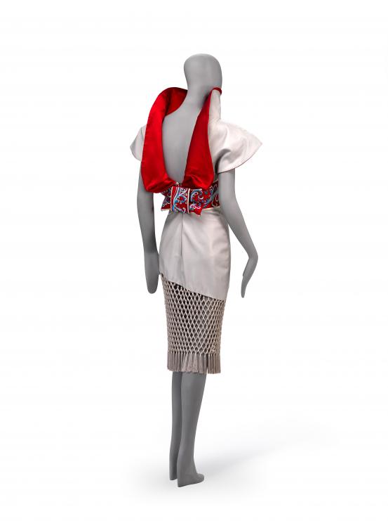 GIVENCHY, Paris (fashion house)<br />
 Alexander McQUEEN (designer)<br/>
<em>Cocktail dress</em> 1997 {Eclect Dissect collection, autumn-winter 1997–98} <!-- (back 3/4 right) --><br />

leather, silk, metal and plastic fastenings<br />
124.0 cm (centre back) 36.0 cm (waist, flat)<br />
National Gallery of Victoria, Melbourne<br />
Purchased with funds donated by the Bertocchi family, 2015<br />
2015.2<br />
© Givenchy, Paris
<!--115142--><br/><a class="col-link block" href="/explore/collection/work/115142"><strong>Collection page <i class="fa fa-angle-right"></i></strong></a>