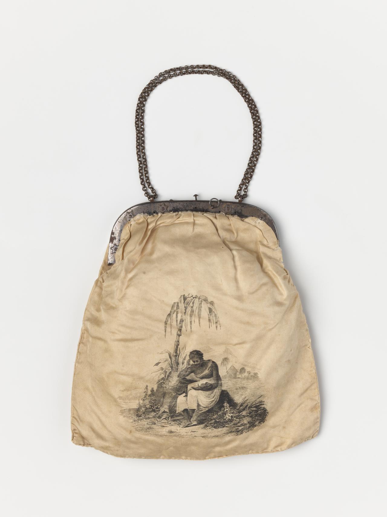 BIRMINGHAM LADIES SOCIETY FOR THE RELIEF OF NEGRO SLAVES (makers)<br />
 Samuel LINES (designer)<br/>
<em>Bag</em> (c. 1826) <!-- (view 1) --><br />

silk, cotton (lining), steel<br />
36.0 x 22.0 x 1.0 cm<br />
National Gallery of Victoria, Melbourne<br />
Gift of Krystyna Campbell-Pretty and the Campbell-Pretty Family through the Australian Government’s Cultural Gifts Program, 2018<br />
2018.1604<br />

<!--136152-->