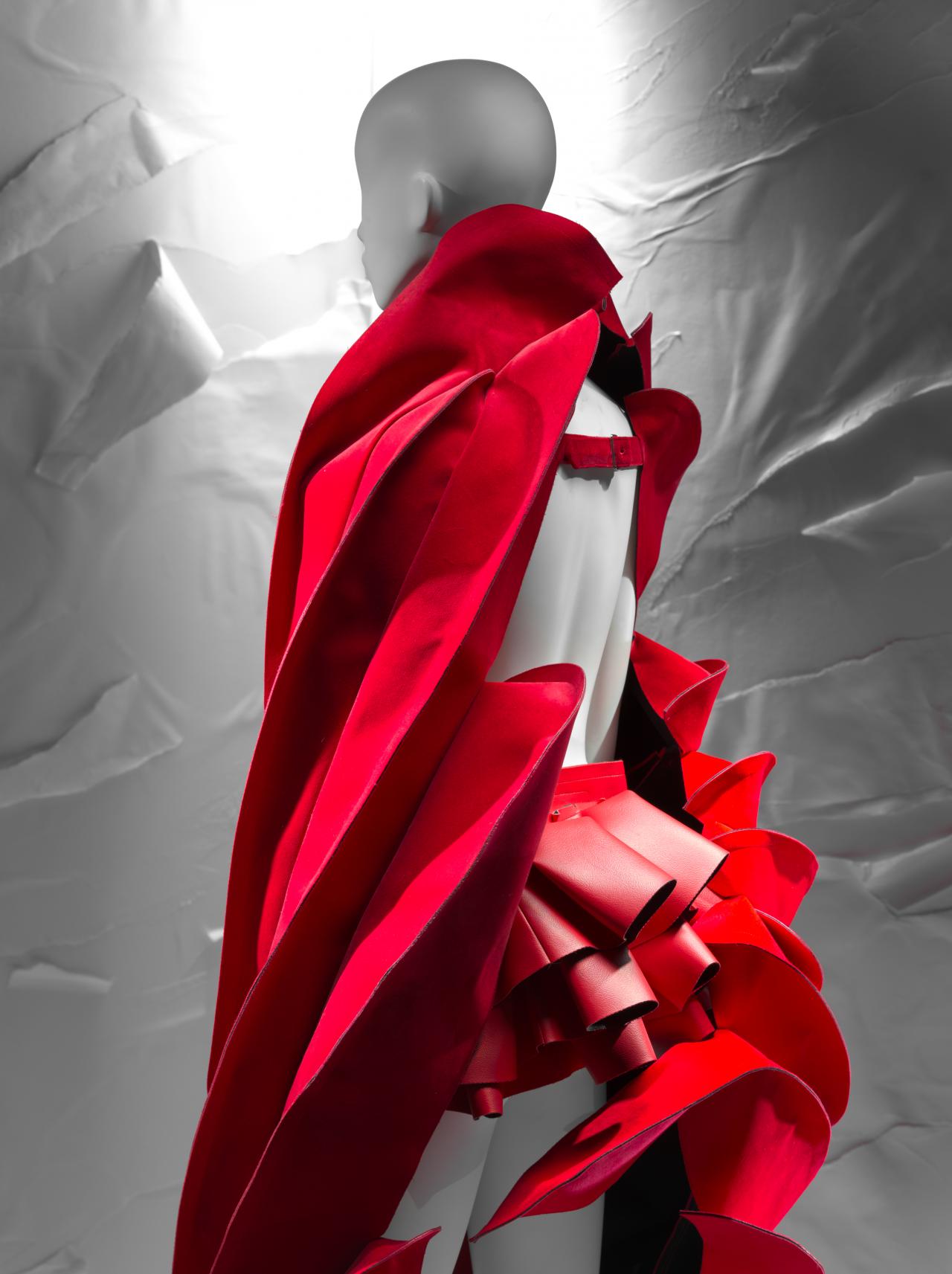 COMME DES GARÇONS, Tokyo (fashion house)<br />
 Rei KAWAKUBO (designer)<br/>
<em>Cape, shorts, socks and boots </em> 2014 {Blood and Roses collection, spring-summer 2015} (detail)<br />

cotton, polyester, synthetic leather, nylon, plastic, elastic, rubber<br />
(a) 141.0 cm (centre back) 138.0 cm (hem circumference) (cape) (b) 34.0 cm (waist, flat) 14.5 cm (outer leg) (shorts) (c-d) 27.0 x 24.0 x 0.2 cm (each) (socks) (e-f) 9.0 x 9.5 x 27.5 cm (each) (boots)<br />
National Gallery of Victoria, Melbourne<br />
Gift of Takamasa Takahashi and David Tune, 2020<br />
2020.815.a-f<br />
© Comme des Garçons
<!--141052-->