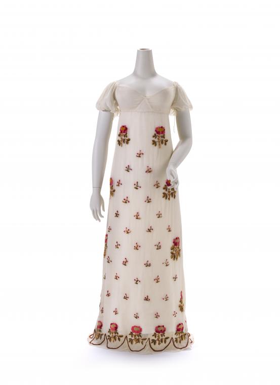 ENGLAND<br/>
<em>Dress</em> (c. 1815) <!-- (front) --><br />

cotton, wool<br />
118.5 cm (centre back)<br />
National Gallery of Victoria, Melbourne<br />
Purchased, NGV Supporters of Fashion and Textiles, 2018<br />
2018.1048<br />

<!--135241-->
