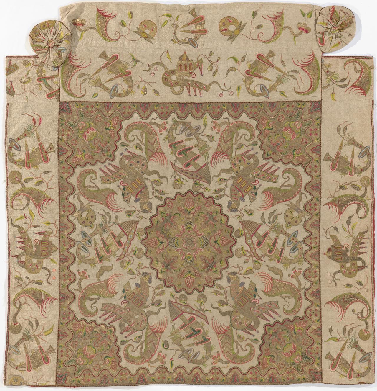 ENGLAND<br/>
<em>Bedcover</em> (c. 1710) <!-- (recto) --><br />

linen, silk (thread)<br />
211.0 x 218.0 cm<br />
National Gallery of Victoria, Melbourne<br />
Gift of Krystyna Campbell-Pretty AM and Family through the Australian Government’s Cultural Gifts Program, 2021<br />
2021.103<br />

<!--145393-->