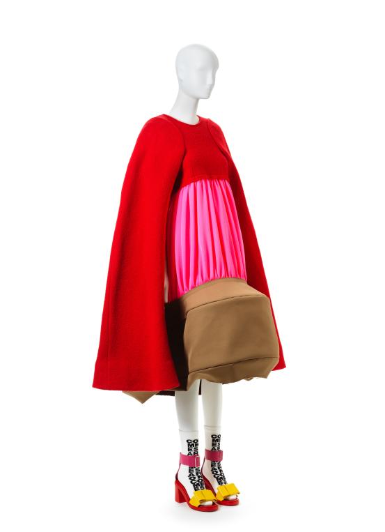 COMME DES GAR&Ccedil;ONS, Tokyo (fashion house)<br />
 Rei KAWAKUBO (designer)<br/>
<em>Dress, shoes and socks</em> 2020 {Retro Future collection, autumn-winter 2020&ndash;21} <!-- (front 3/4) --><br />

wool (boucle), cotton (canvas), polyester, metal and nylon (fastenings), leather, rubber, metal, cotton<br />
(a) 119.0 cm (centre back) 43.0 cm (waist, flat) (dress) (b-c) 21.5  x 9.0 x 21.5 cm (shoes) (each) (d-e) 31.5 x 8.0 cm (socks) (each)<br />
National Gallery of Victoria, Melbourne<br />
Gift of Takamasa Takahashi and David Tune, 2025<br />
2025.449.a-e<br />

<!--155349-->