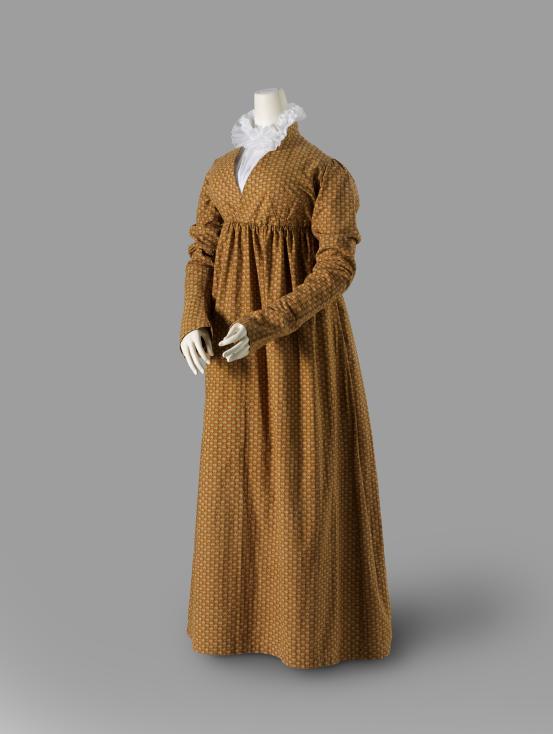 (FRANCE)<br/>
<em>Day dress</em> (c. 1815) <!-- (full view) --><br />

cotton, linen (lining), silk (buttons)<br />
128.0 cm (centre back) 63.0 cm (sleeve length)<br />
National Gallery of Victoria, Melbourne<br />
Gift of Krystyna Campbell-Pretty AM and Family through the Australian Government&rsquo;s Cultural Gift Program, 2025<br />
2025.735<br />

<!--156865-->