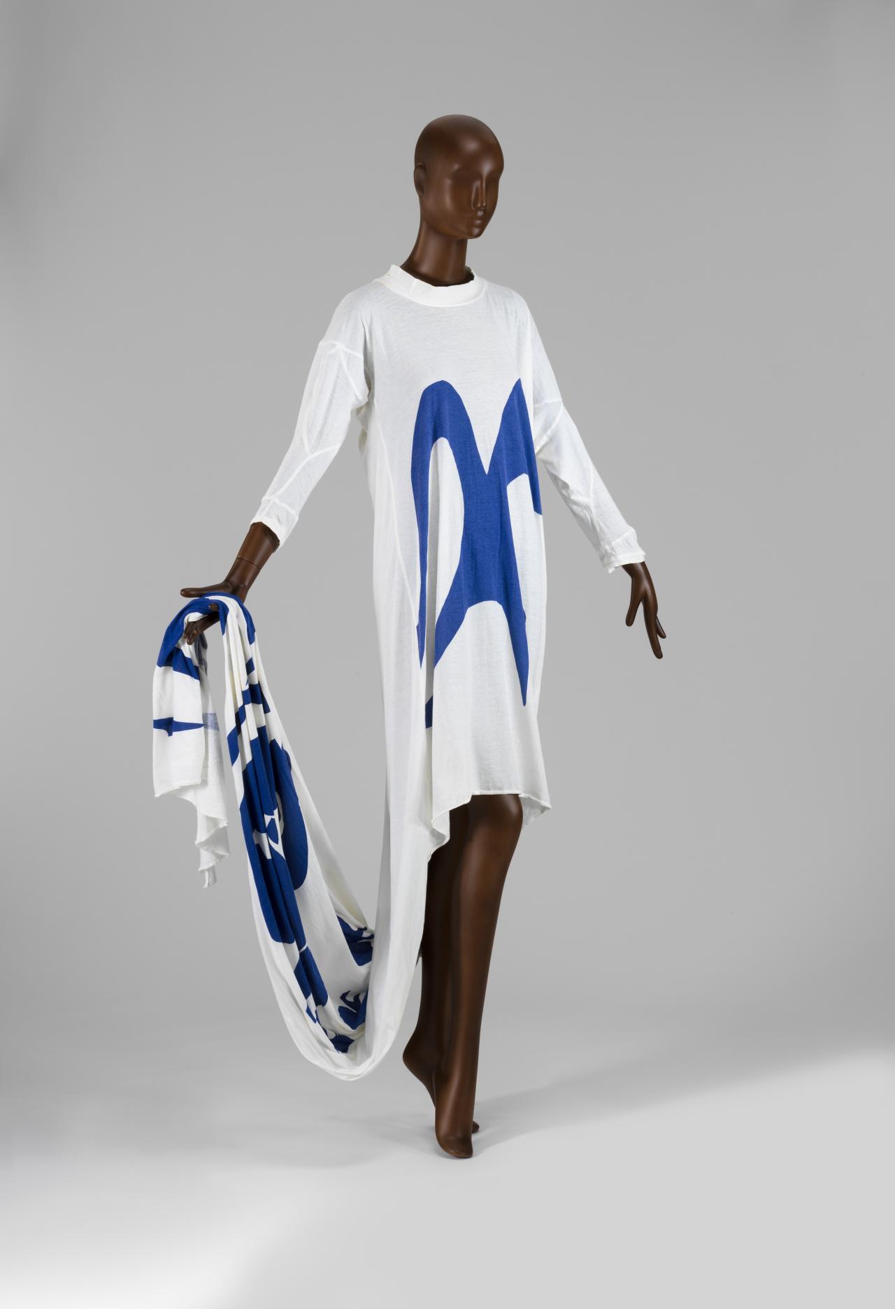 WORLDS END, London (retailer)<br />
 Vivienne WESTWOOD (designer)<br />
 Malcolm McLAREN (designer)<br/>
<em>Toga dress</em> 1981 {Savage collection, spring-summer 1982} <!-- (full view) --><br />

screenprinted cotton<br />
<br />
National Gallery of Victoria, Melbourne<br />
Gift of Robyn Beeche, 1992<br />
CT8-1992<br />

<!--51252-->