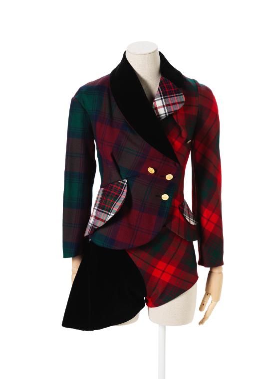 VIVIENNE WESTWOOD, London (fashion house)<br />
 Vivienne WESTWOOD (designer)<br/>
<em>Jacket and shorts</em> 1996 {Storm in a teacup collection, autumn-winter 1996&ndash;97} <!-- (front) --><br />

wool, cotton (velvet), acetate, polyester (grosgrain), plastic and metal (fastenings)<br />
(a) 59.0 cm centre back) 58.0 cm (sleeve length) (jacket) (b) 36.0 cm (outer leg) 31.0 cm (waist, flat) (shorts)<br />
National Gallery of Victoria, Melbourne<br />
Purchased with funds donated by George Kokkinos and Melissa Tonkin, 2025<br />
2025.533.a-b<br />

<!--156076-->