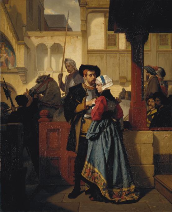 Wilhelm KOLLER<br/>
<em>Parting from betrothed</em> 1864 <!-- (recto) --><br />
<em>(Le D&eacute;part du fianc&eacute;)</em><br />
oil on wood panel<br />
71.2 x 57.8 cm<br />
National Gallery of Victoria, Melbourne<br />
Purchased by the Commissioners of Fine Arts for Victoria, 1864<br />
p.300.17-1<br />

<!--4111-->