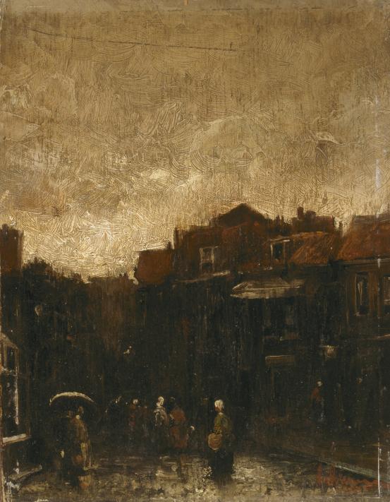 Jacob MARIS<br/>
<em>Street scene, Holland</em> (c. 1885) <!-- (recto) --><br />

oil on wood panel<br />
28.6 x 22.2 cm<br />
National Gallery of Victoria, Melbourne<br />
Bequest of Dr Lilian Alexander, 1934<br />
208-4<br />

<!--4165-->