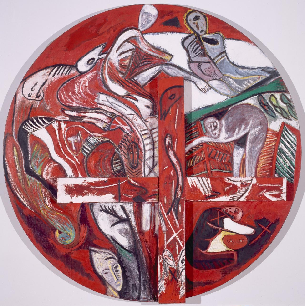 Mimmo PALADINO<br/>
<em>Scorticato</em> (1983) <!-- (recto) --><br />

oil and wood on canvas<br />
300.8 cm diameter<br />
National Gallery of Victoria, Melbourne<br />
Purchased through the Art Foundation of Victoria with the assistance of the Gualtiero Vaccari Foundation, Governor, 1984<br />
IC1-1984<br />
&copy; Mimmo Paladino/Licensed by Copyright Agency, Australia
<!--4235-->