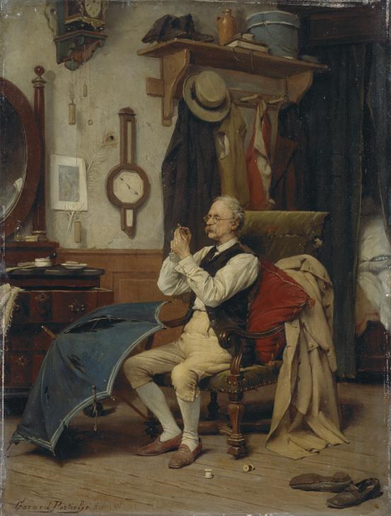 Gerard PORTIELJE<br/>
<em>The old bachelor</em> 1885 <!-- (recto) --><br />

oil on wood panel<br />
37.2 x 28.0 cm<br />
National Gallery of Victoria, Melbourne<br />
Bequest of Alfred Felton, 1904<br />
137-2<br />

<!--4268-->