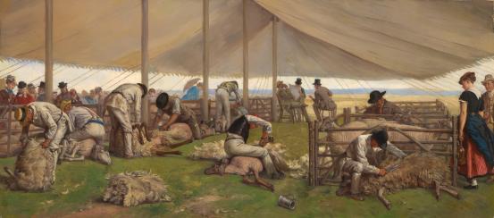 Eyre CROWE<br/>
<em>A sheep shearing match</em> 1875 <!-- (recto) --><br />

oil on canvas<br />
37.5 x 83.1 cm<br />
National Gallery of Victoria, Melbourne<br />
Presented through the NGV Foundation by Ms Deidre Cowan, Governor, 2002<br />
2002.162<br />

<!--70606--><br/><a class="col-link block" href="/explore/collection/work/70606"><strong>Collection page <i class="fa fa-angle-right"></i></strong></a>