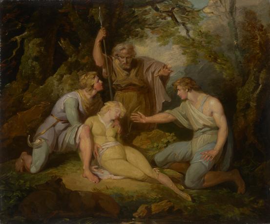 Henry SINGLETON<br/>
<em>Imogen found by Arviragus, Belarius and Guiderus in the forest</em> (c. 1790-1795) <!-- (recto) --><br />

oil on canvas<br />
63.8 x 76.5 cm<br />
National Gallery of Victoria, Melbourne<br />
Purchased through the NGV Foundation with the assistance of the Ian Edgeworth McLean Bequest, Founder Benefactor, 2002<br />
2002.416<br />

<!--73664-->