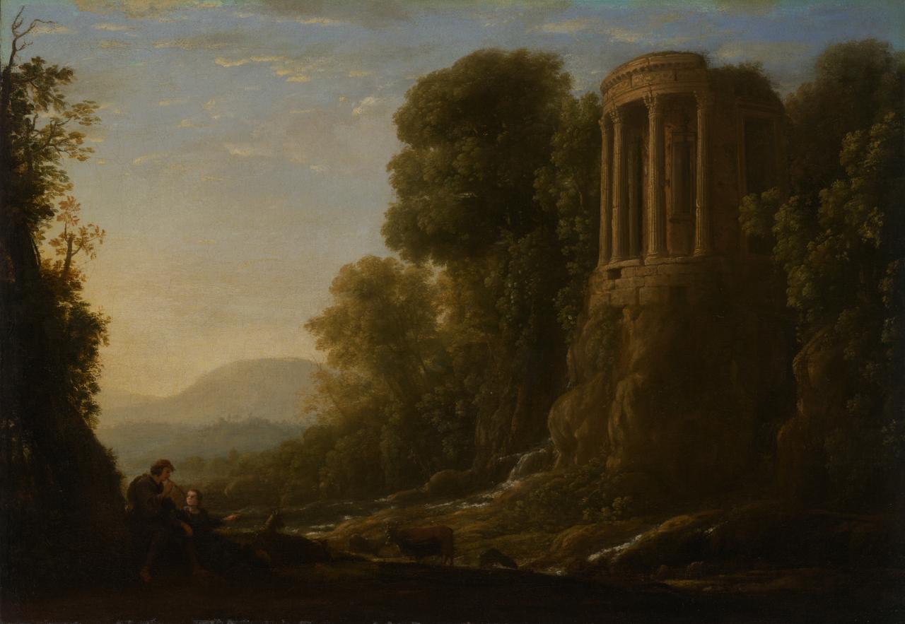 CLAUDE LORRAIN<br/>
<em>River landscape with Tiburtine Temple at Tivoli</em> (c. 1635) <!-- (recto) --><br />

oil on canvas<br />
38.0 x 53.0 cm<br />
National Gallery of Victoria, Melbourne<br />
Felton Bequest, 1967<br />
1796-5<br />

<!--4151-->